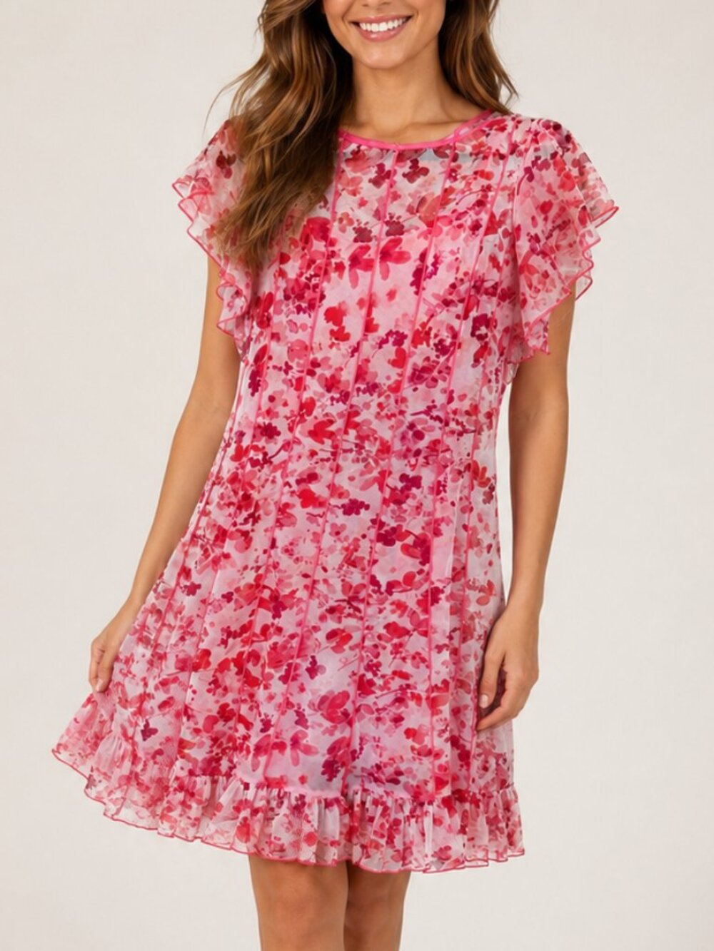 Pink Floral Mesh Dress | Jessica Howard | Flutter Sleeve Ruffle Hem | Size 10
